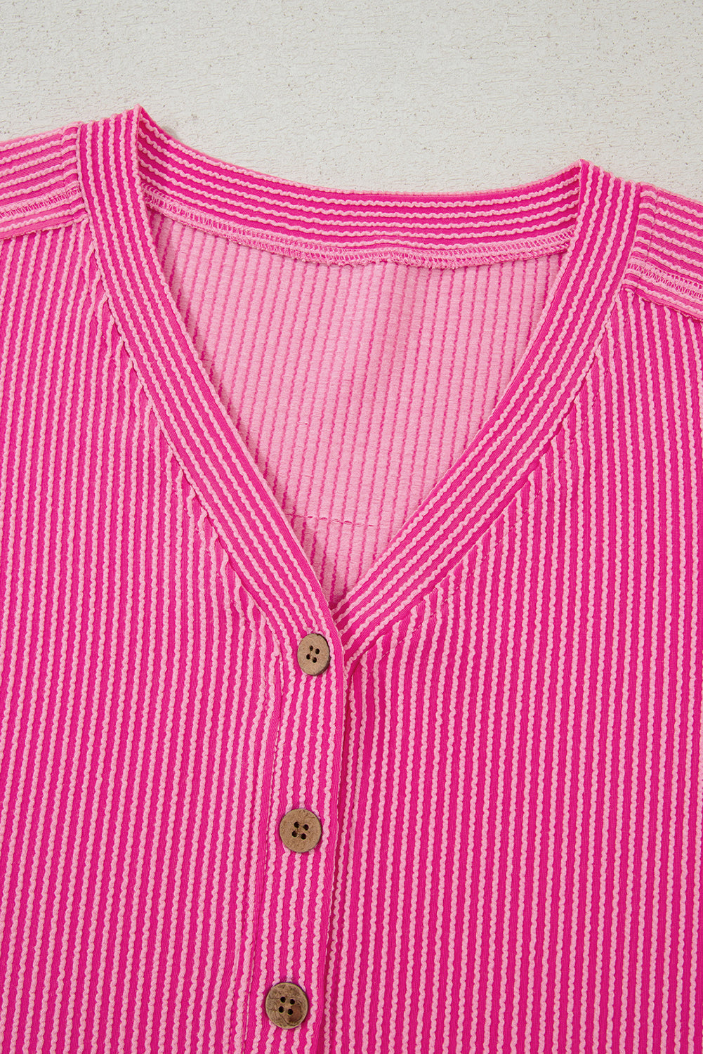 Bright Pink Short Sleeve V Neck Buttoned Romper with Pocket