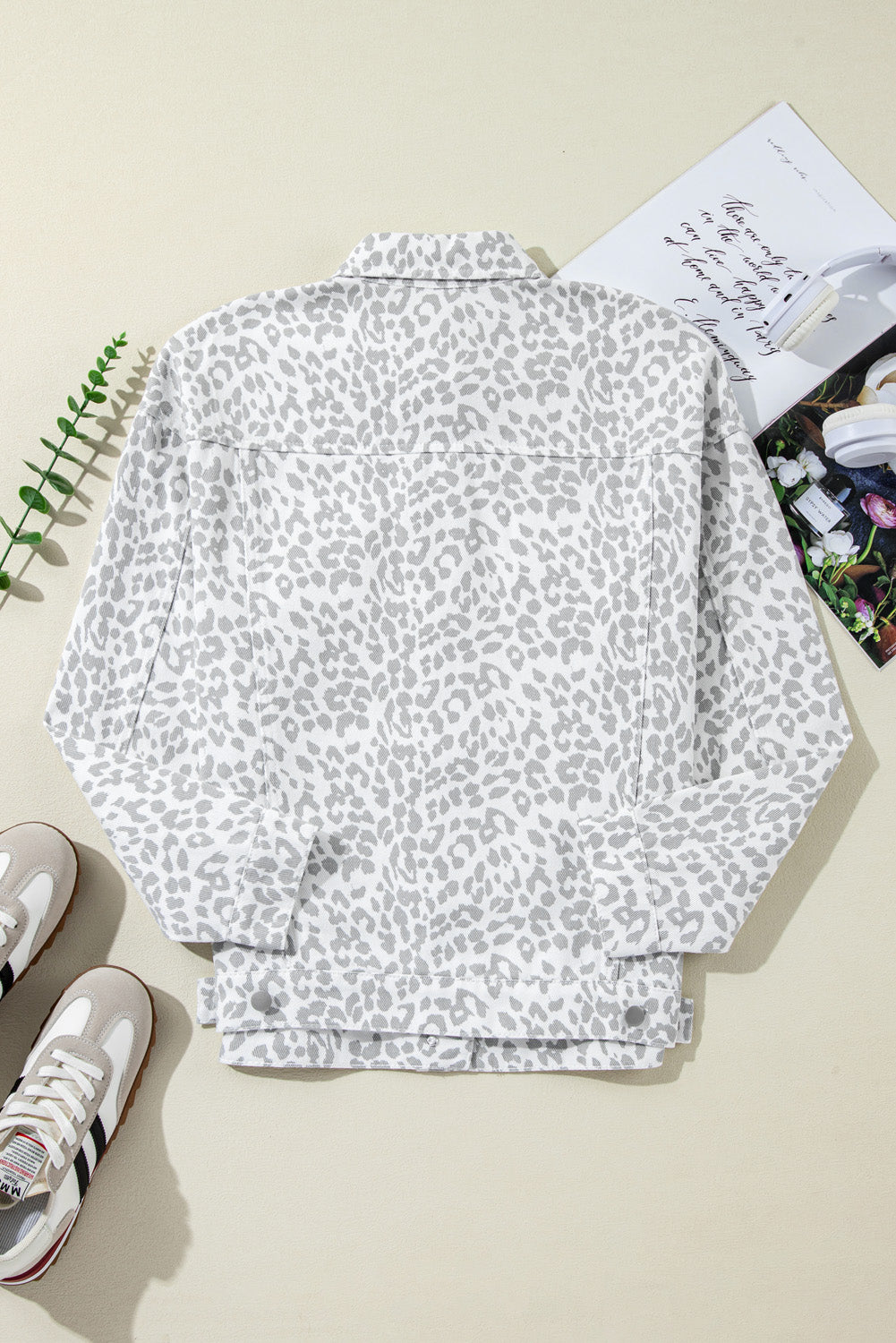 White Leopard Printed Pocket Denim Jacket