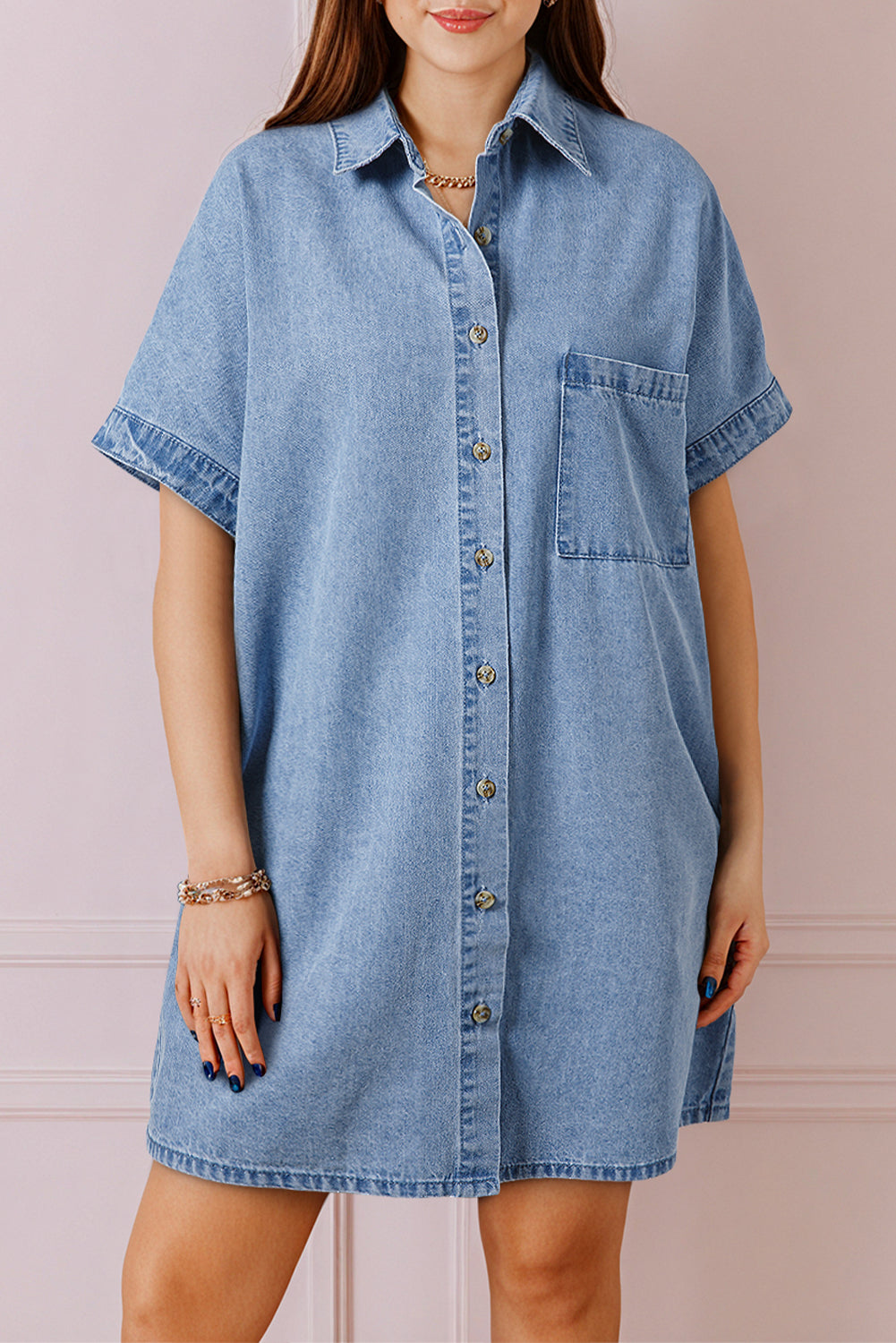 Dusk Blue Short Sleeve Pocketed Button up Denim Dress