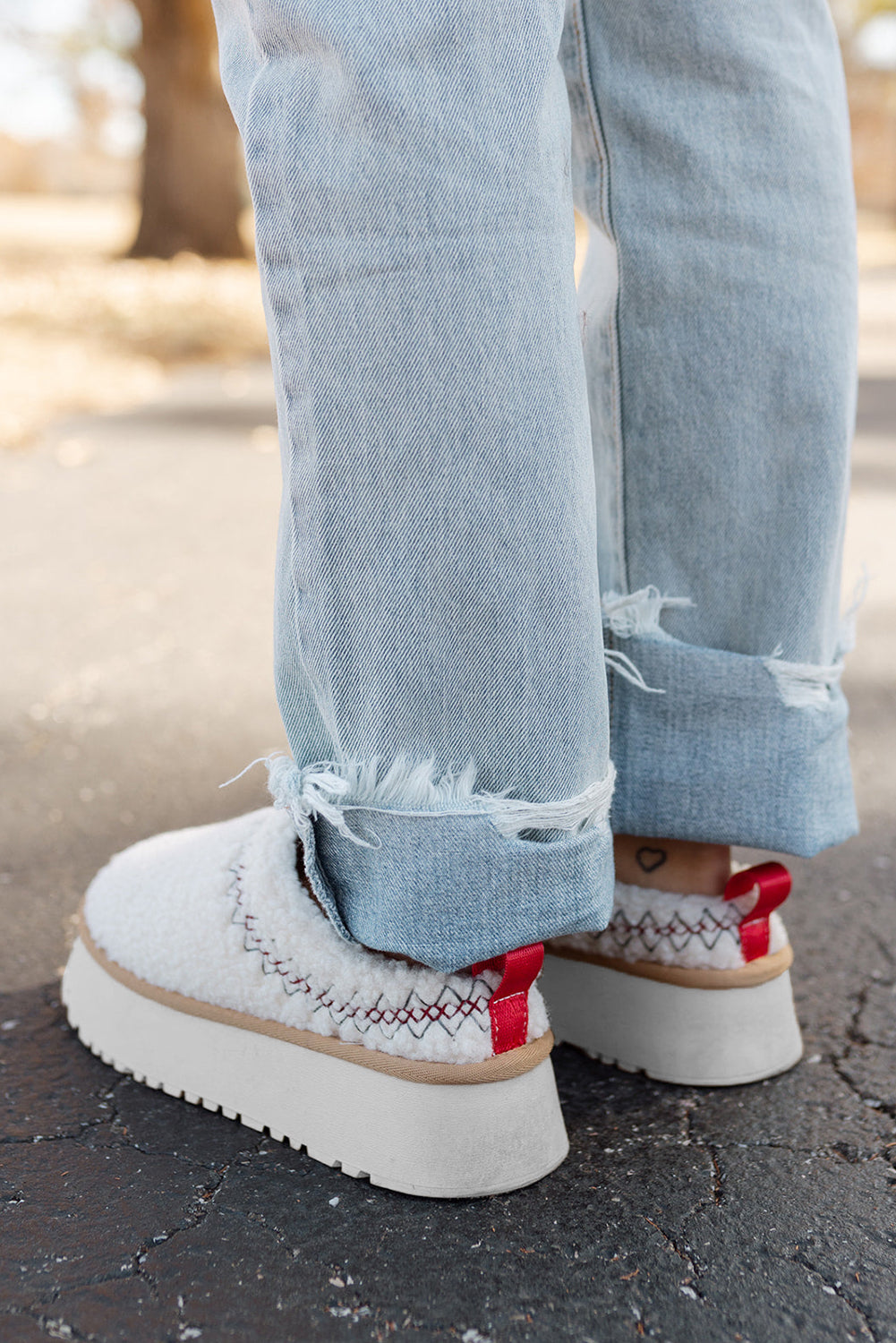 White Embroidered Sherpa Plush Thick Sole Slippers