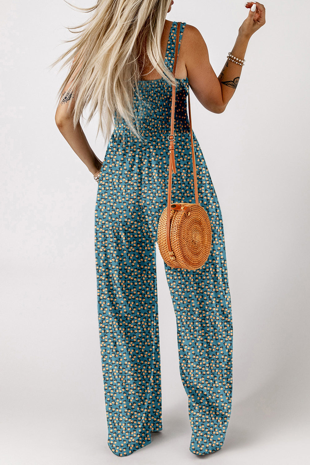 Green Floral Print High Waist Square Neck Jumpsuit