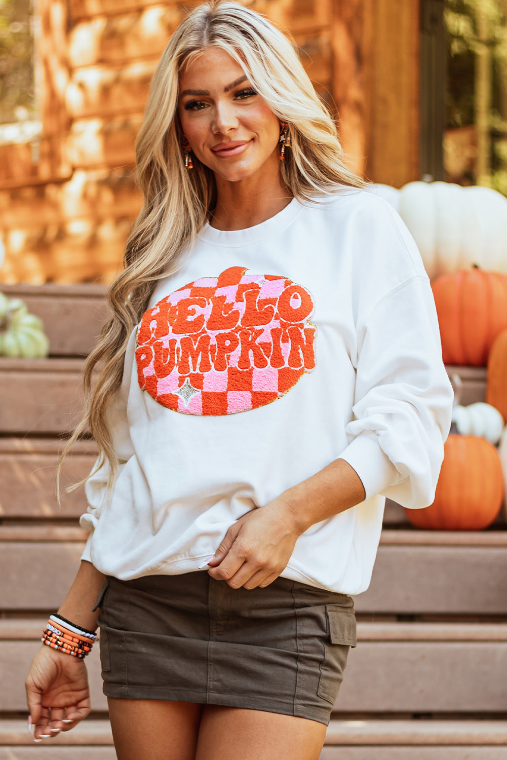 White Halloween Pumpkin Patched Sweatshirt