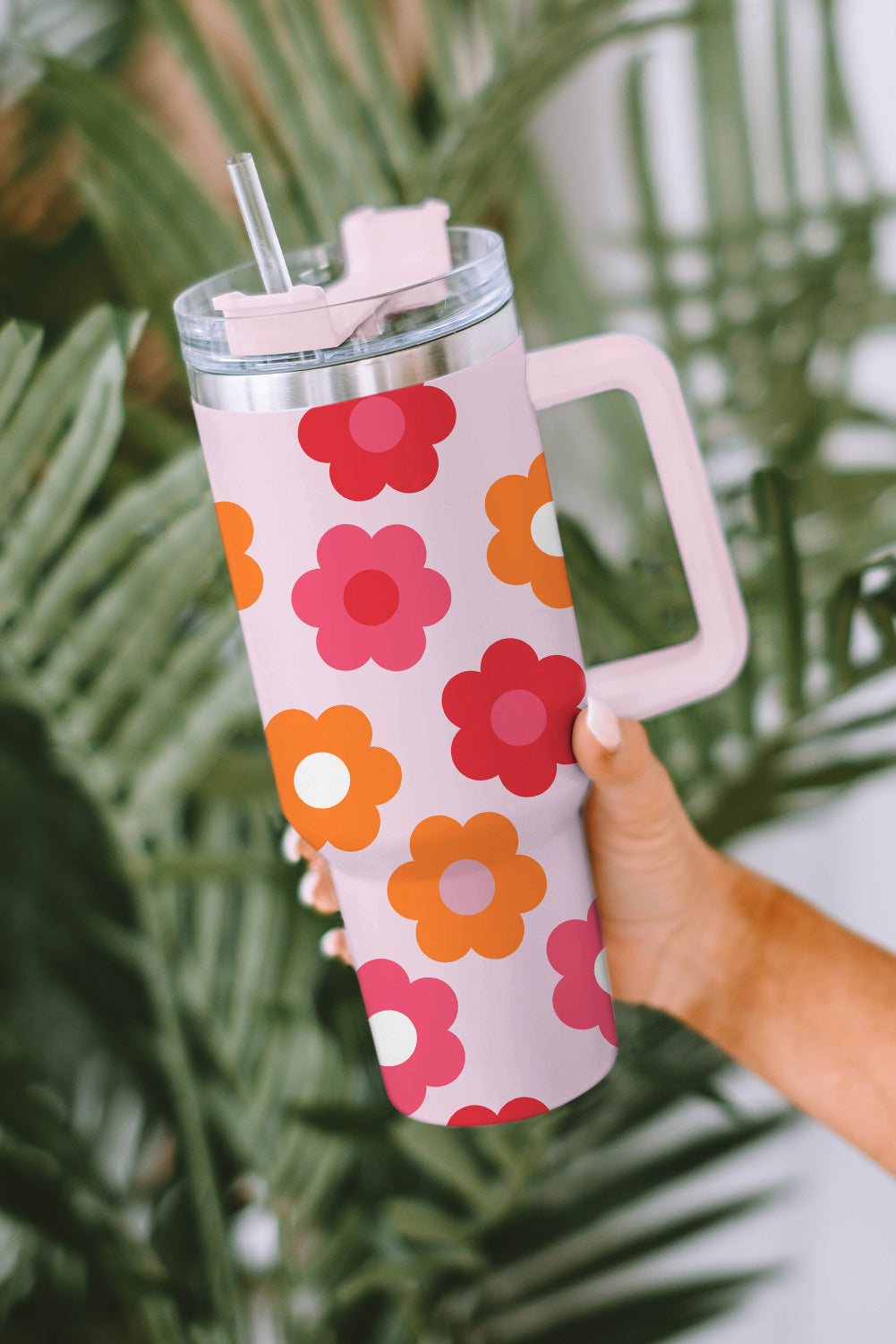 Multicolor Flower Print Handled Stainless Steel Cup 40oz