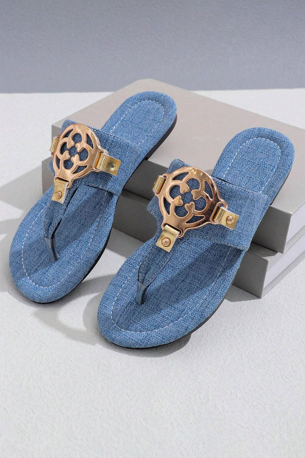 Dusk Blue Metal Decor Leather sandals