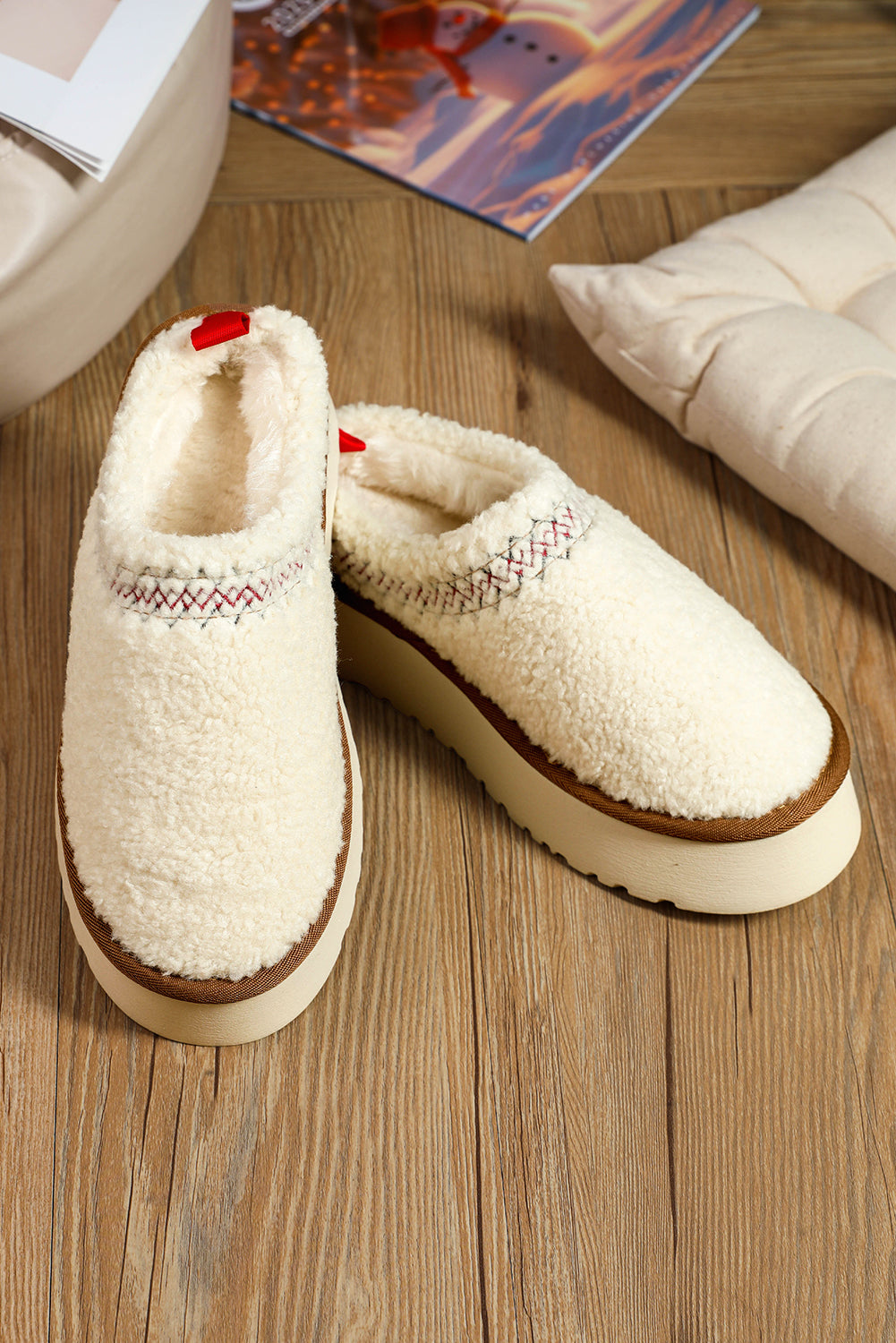 White Embroidered Sherpa Plush Thick Sole Slippers