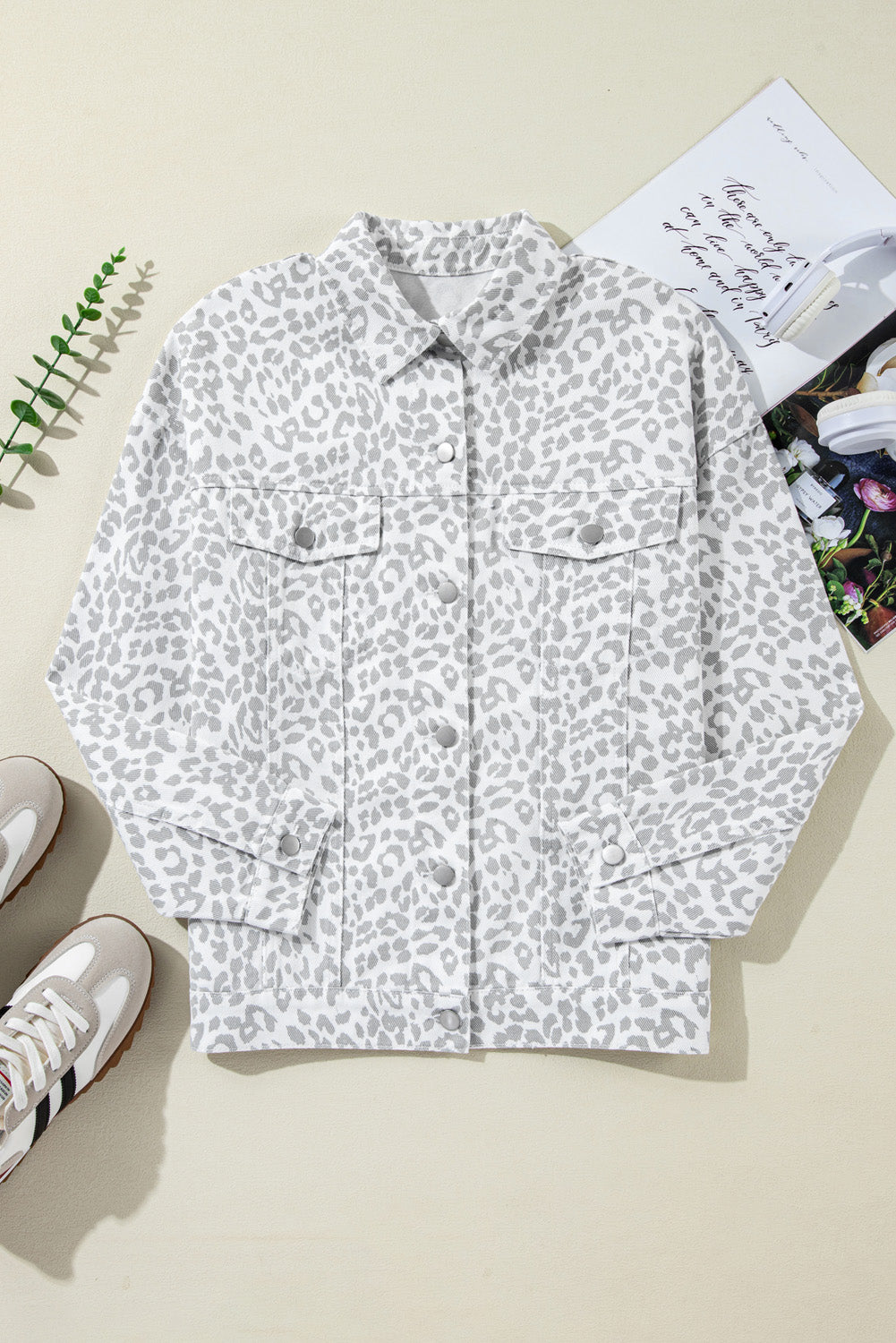 White Leopard Printed Pocket Denim Jacket