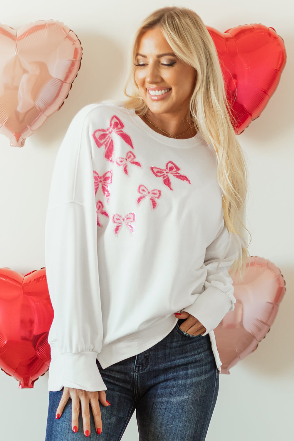 White Bowknot High Low Oversize Sweatshirt