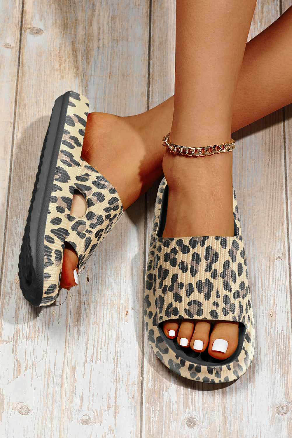 Black Print Thick Sole Slip On Sandals