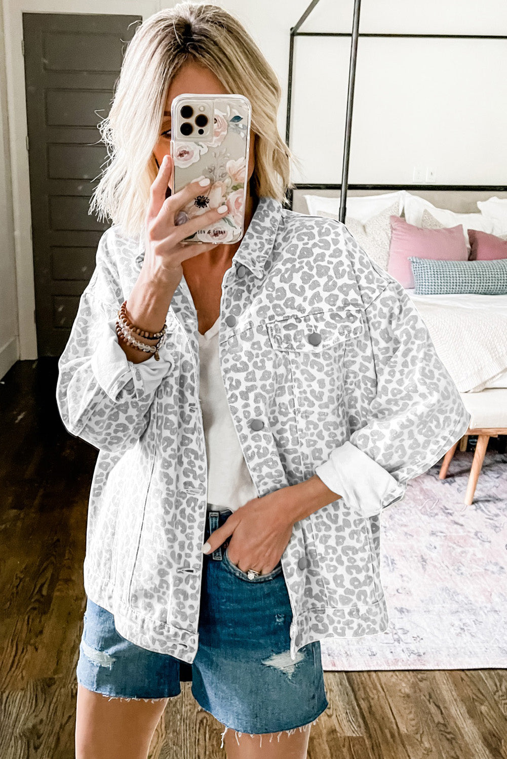 White Leopard Printed Pocket Denim Jacket