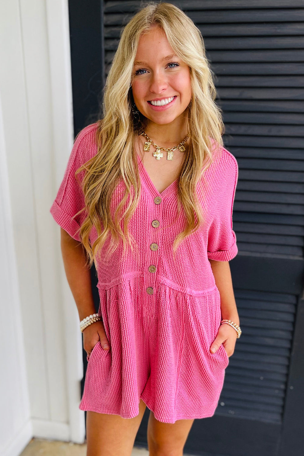 Bright Pink Short Sleeve V Neck Buttoned Romper with Pocket