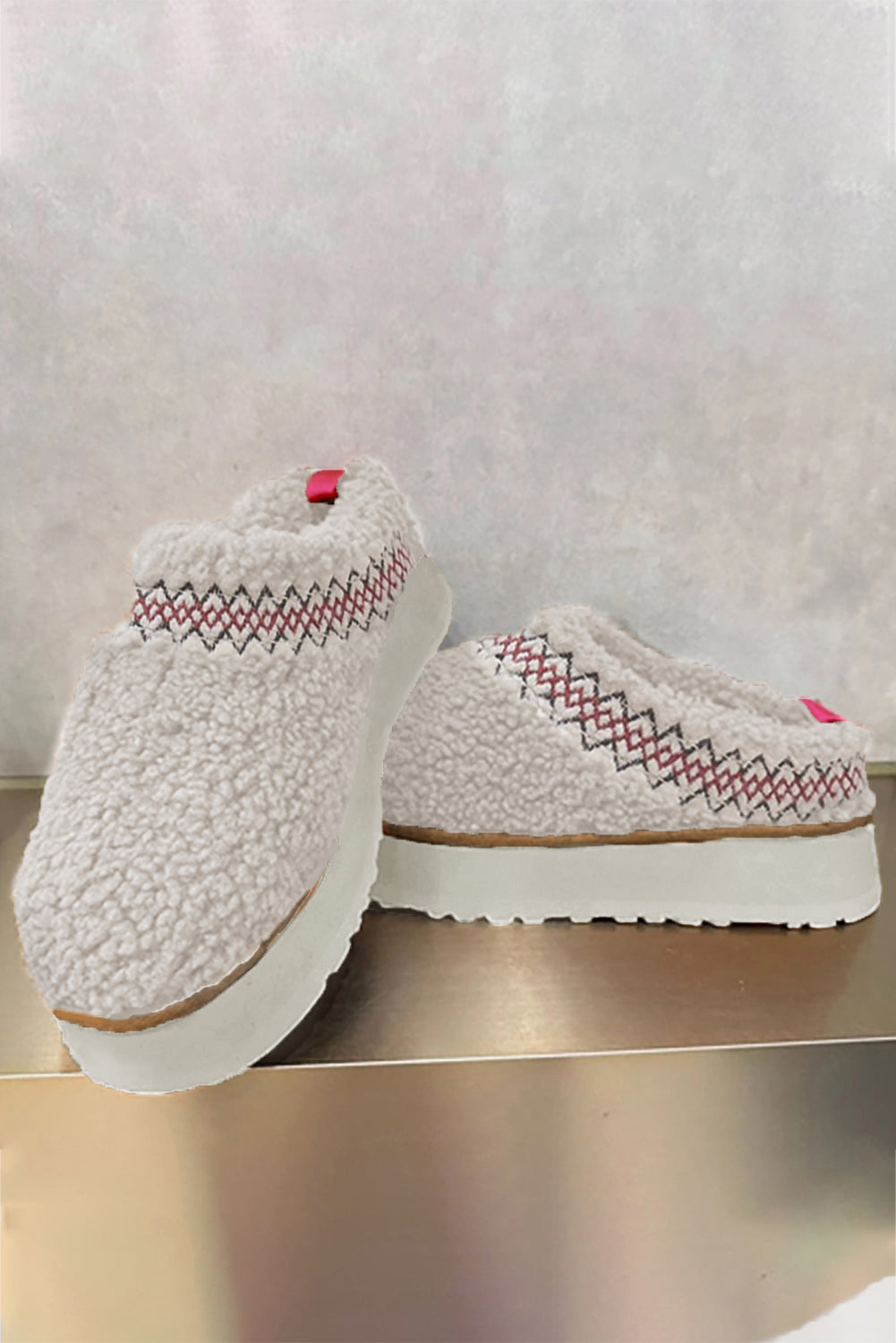 White Embroidered Sherpa Plush Thick Sole Slippers