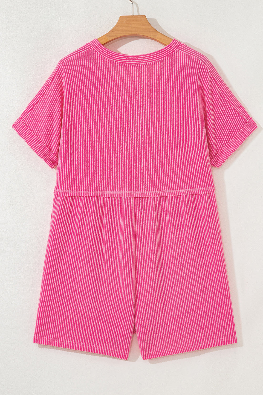 Bright Pink Short Sleeve V Neck Buttoned Romper with Pocket