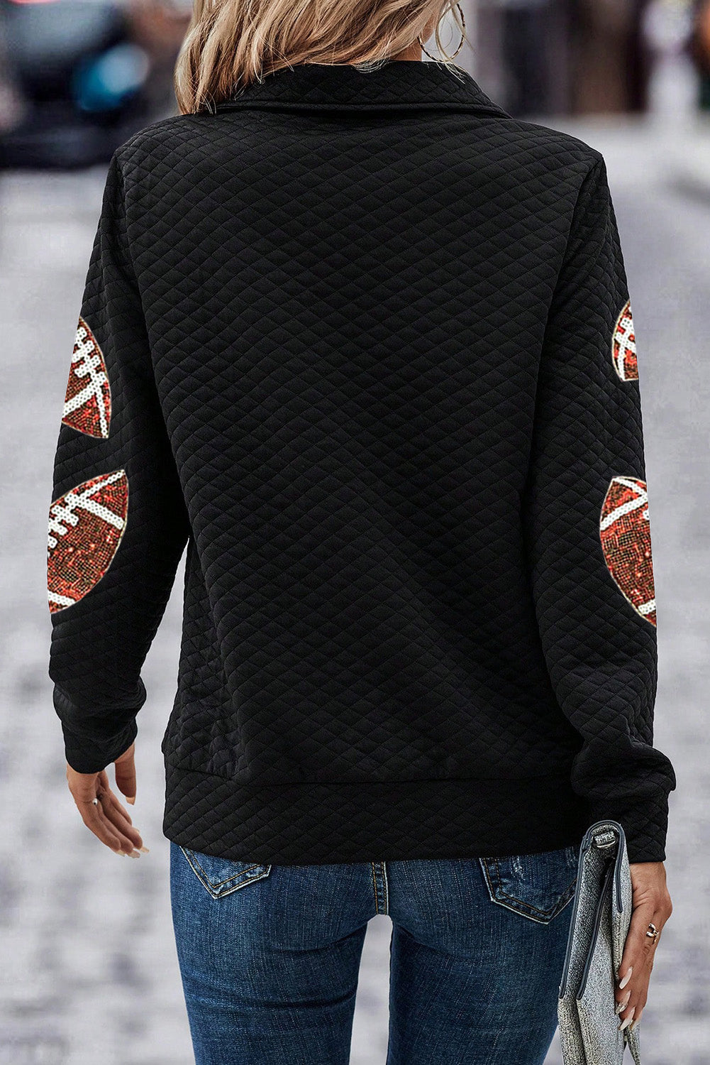 Black Football Patched Quarter Zip Sweatshirt