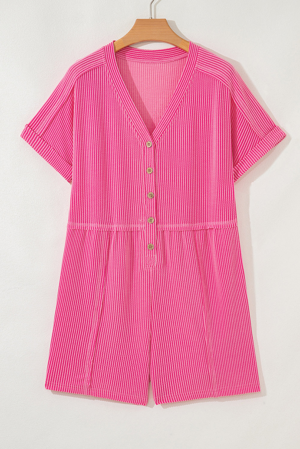 Bright Pink Short Sleeve V Neck Buttoned Romper with Pocket