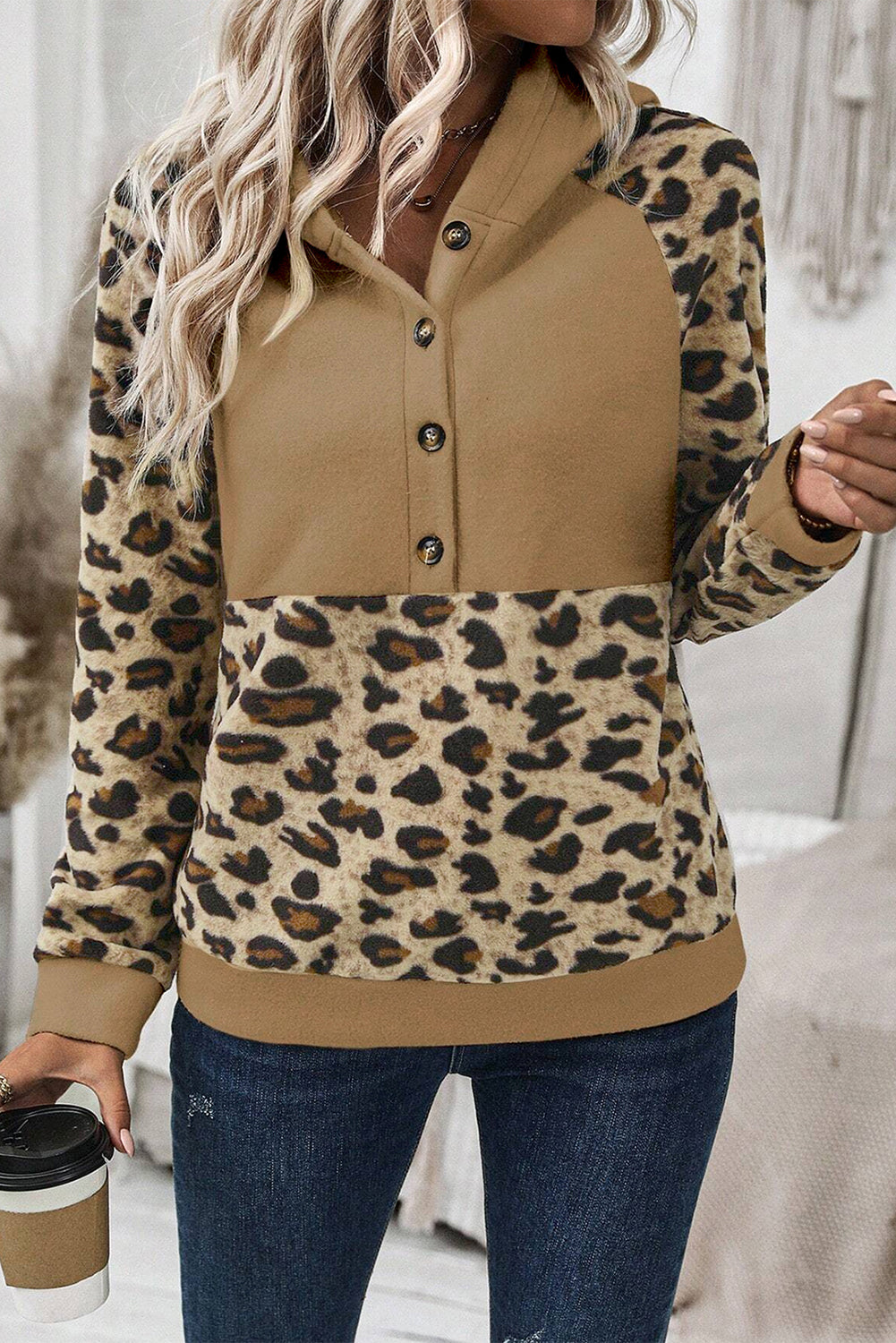 Light Beige Leopard Print Patchwork Half Button Hoodie