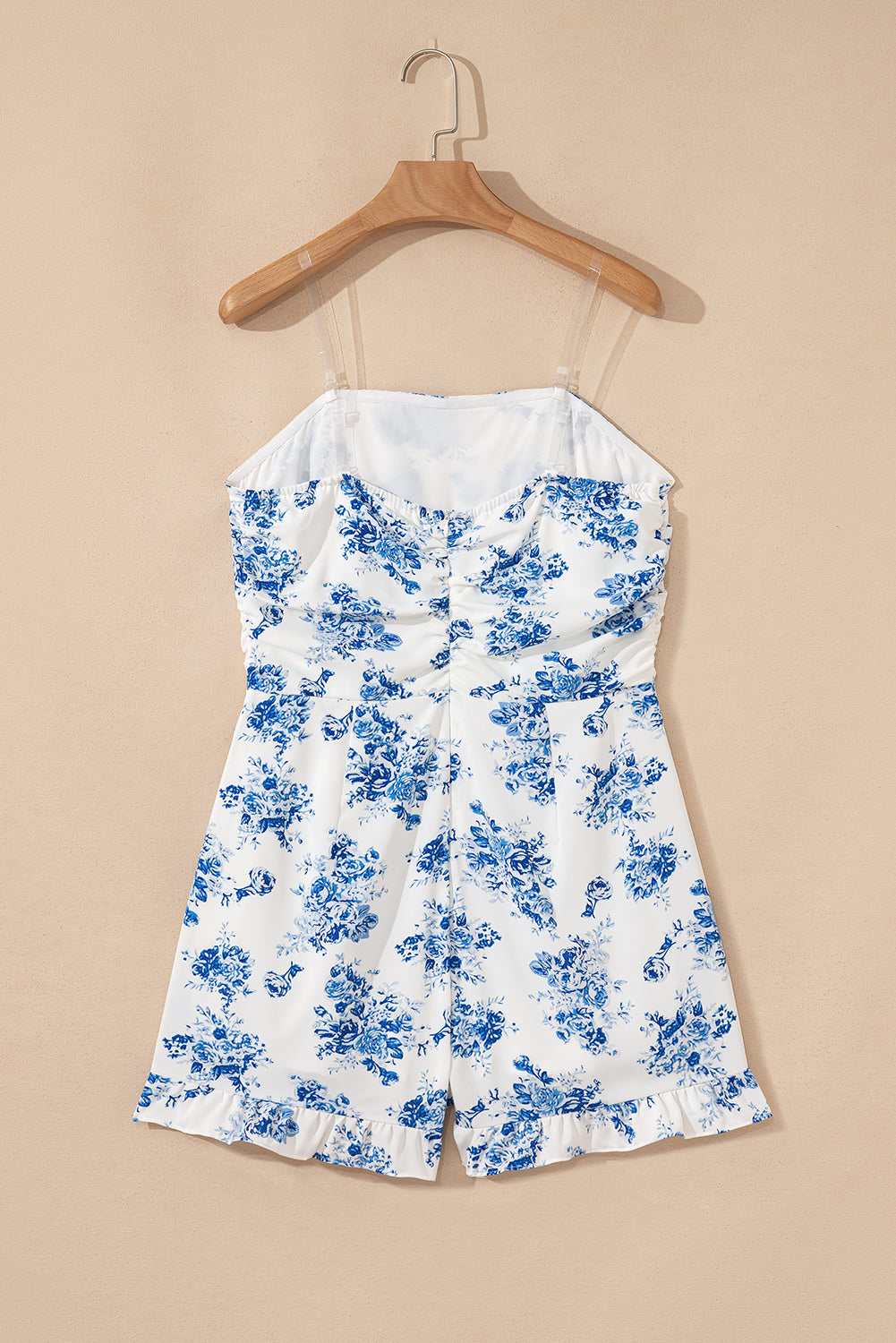 Sky Blue Floral Print Strapless Zipped Back Romper