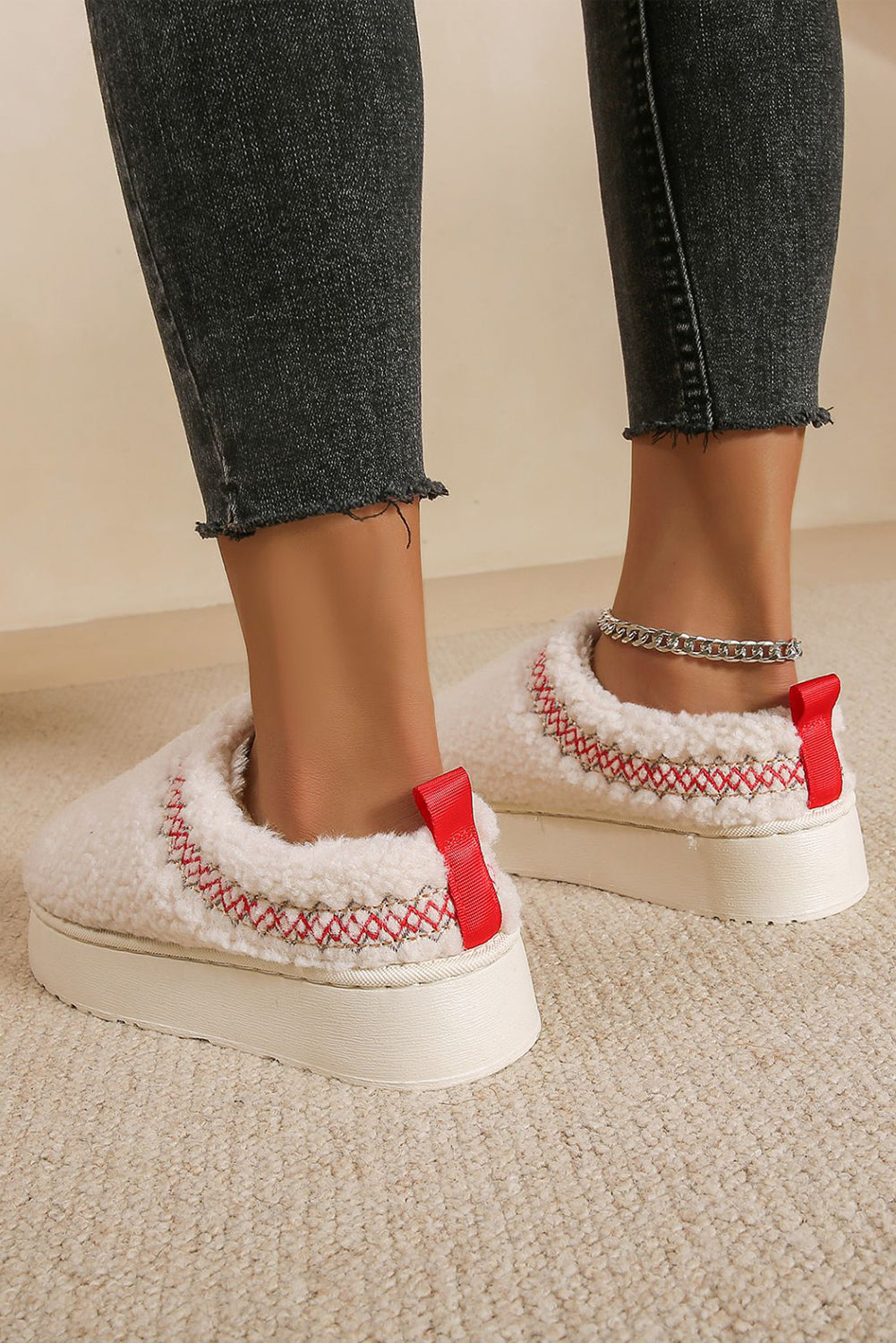 White Embroidered Sherpa Plush Thick Sole Slippers