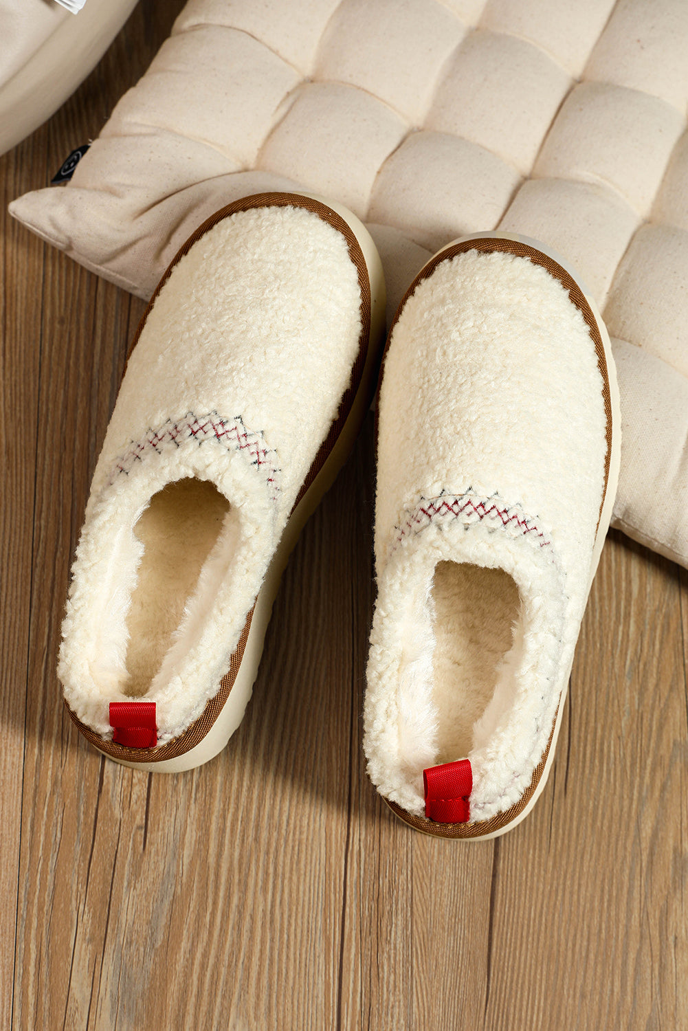 White Embroidered Sherpa Plush Thick Sole Slippers