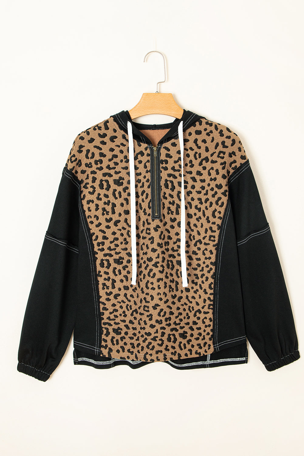 Brown Leopard Patchwork Knotted Cuff Zip Hoodie