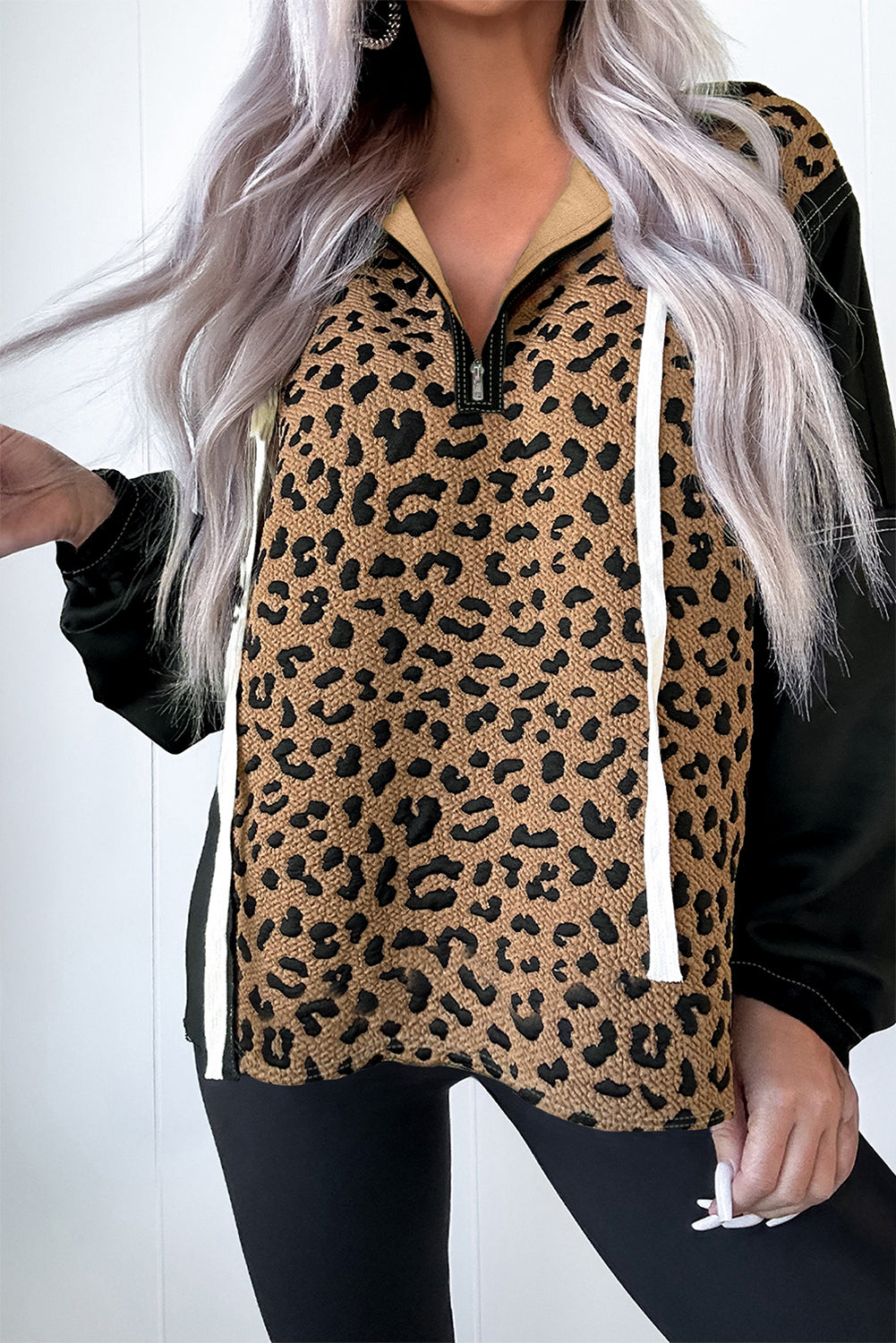 Brown Leopard Patchwork Knotted Cuff Zip Hoodie