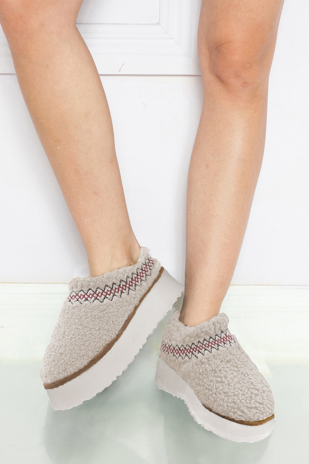 White Embroidered Sherpa Plush Thick Sole Slippers