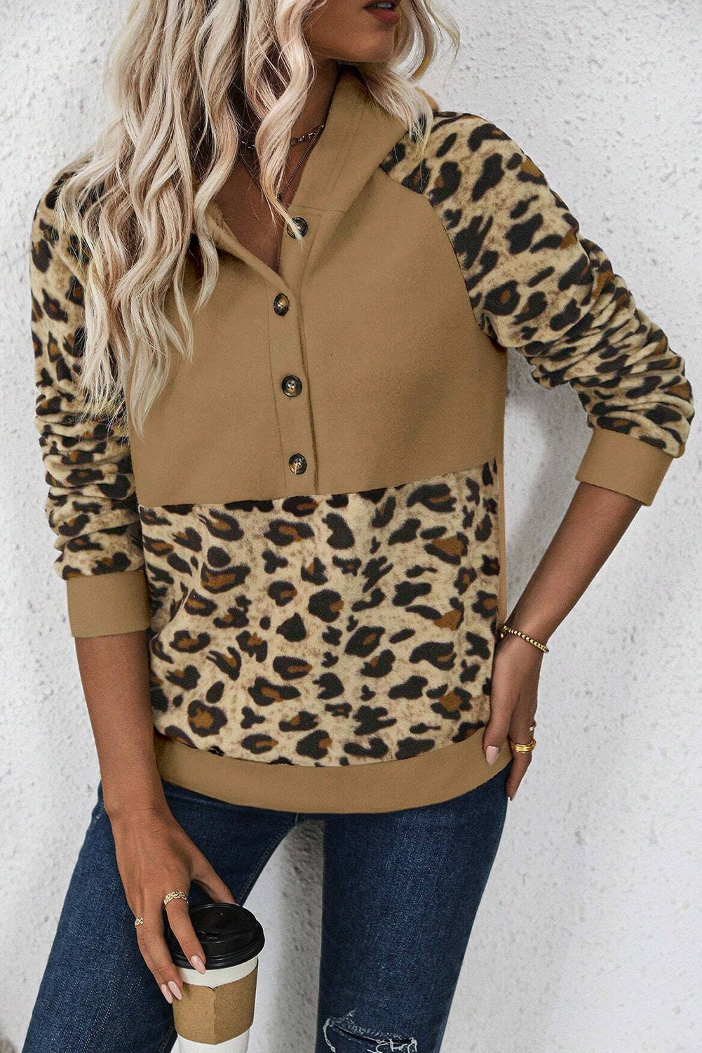 Light Beige Leopard Print Patchwork Half Button Hoodie