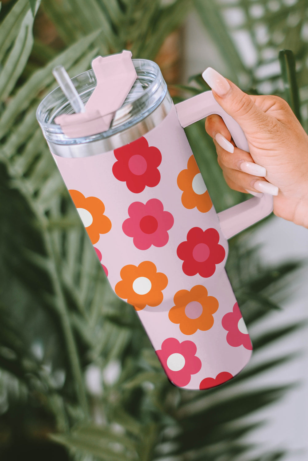 Multicolor Flower Print Handled Stainless Steel Cup 40oz