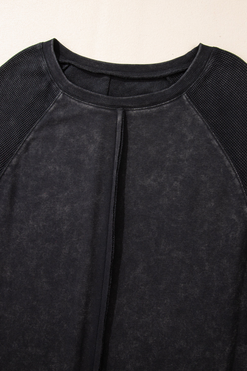Black Solid Waffle Knit Patchwork Sweatshirt