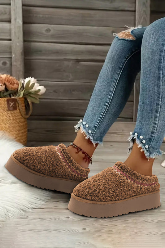 Chestnut Embroidered Sherpa Plush Thick Sole Slippers