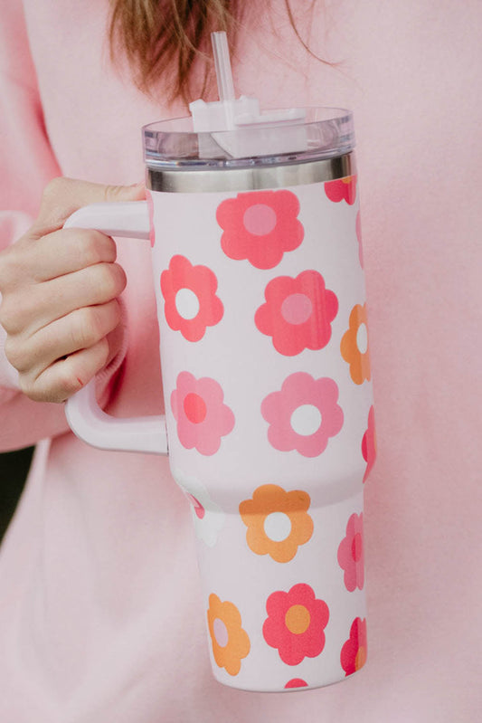 Multicolor Flower Print Handled Stainless Steel Cup 40oz