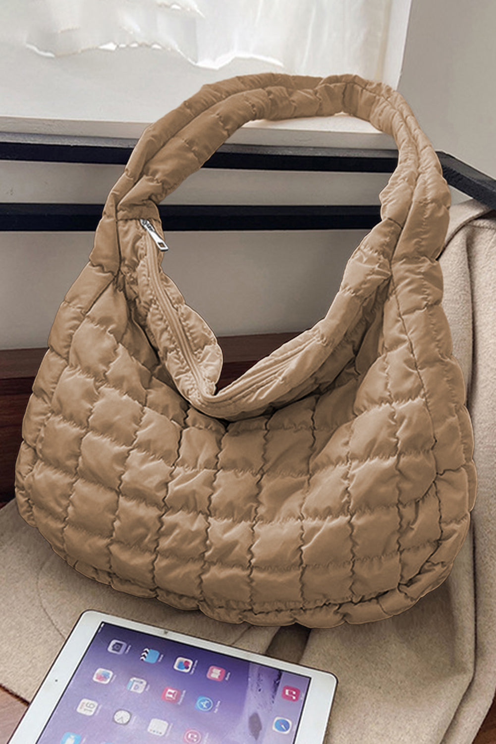 Light Beige Quilted Zipper Large Shoulder Bag