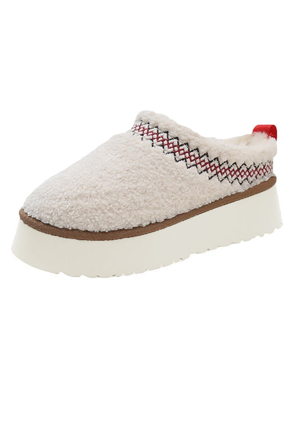 White Embroidered Sherpa Plush Thick Sole Slippers
