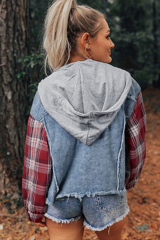 Beau Blue Plaid Print Patchwork Hooded Denim Jacket