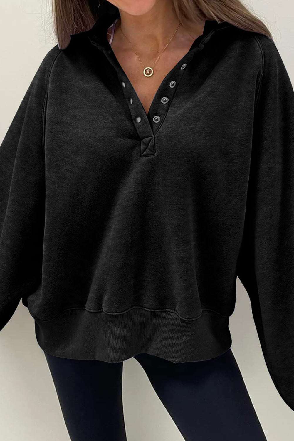 Black Solid Snap Buttons Collared Oversized Sweatshirt
