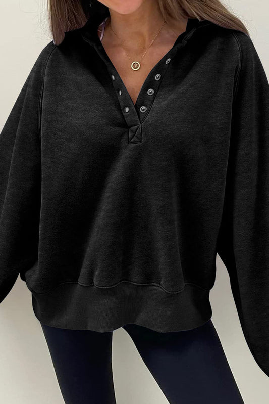 Black Solid Snap Buttons Collared Oversized Sweatshirt