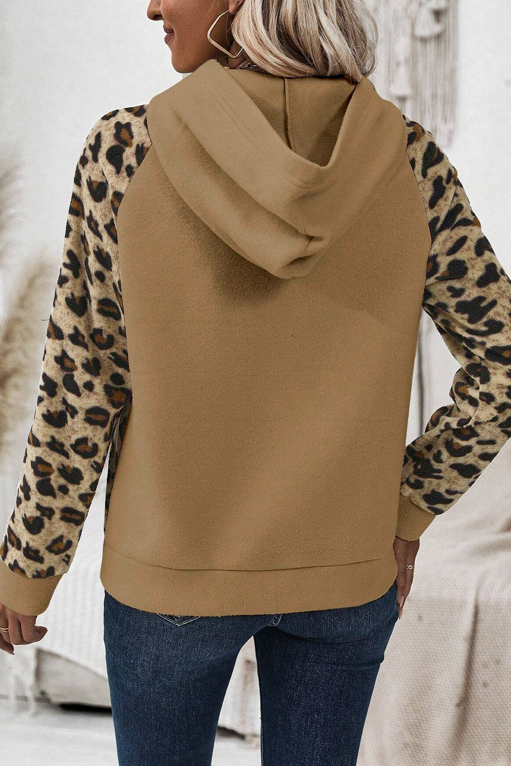 Light Beige Leopard Print Patchwork Half Button Hoodie
