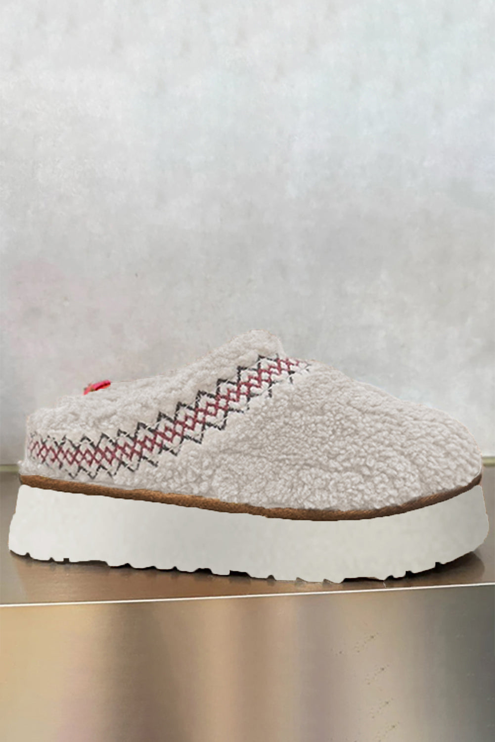 White Embroidered Sherpa Plush Thick Sole Slippers