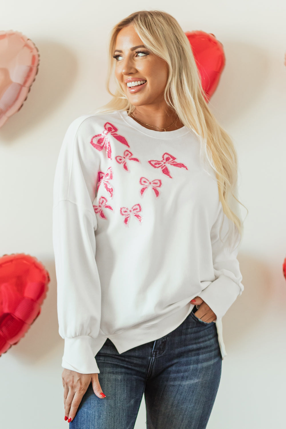 White Bowknot High Low Oversize Sweatshirt