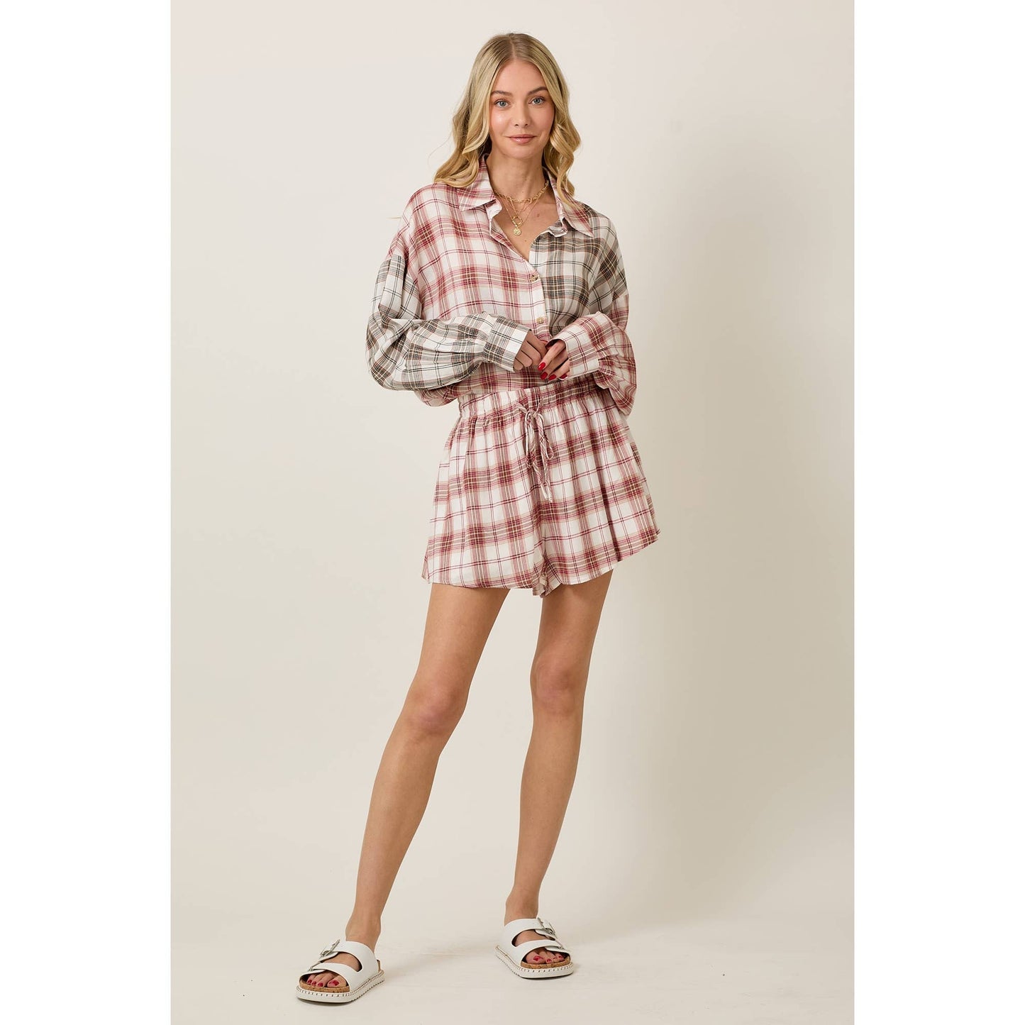Rayon Plaid Long Sleeve Button Down And Shorts Set