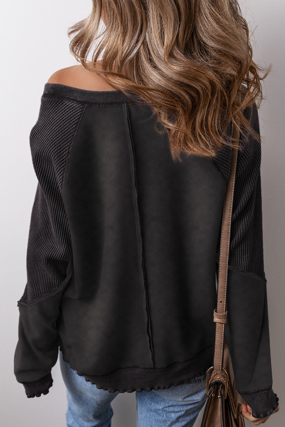 Black Solid Waffle Knit Patchwork Sweatshirt