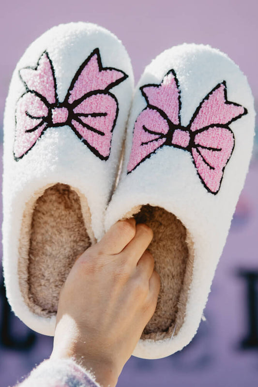 White Bowknot Pattern Fuzzy Slippers