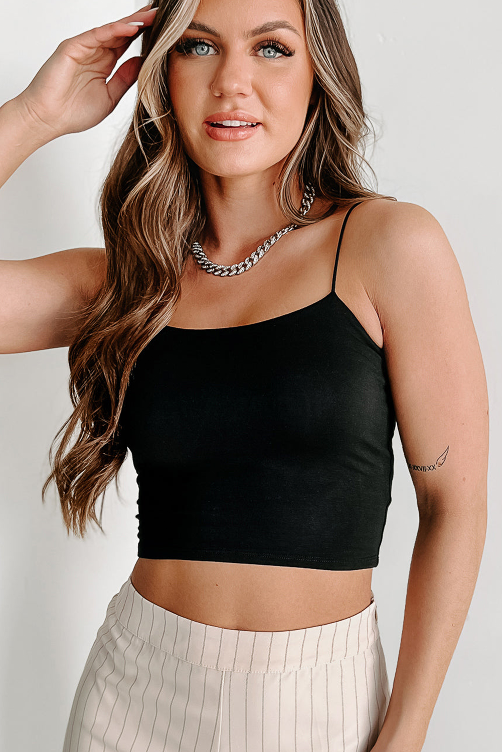 Black Spaghetti Strap Cropped Tank Top