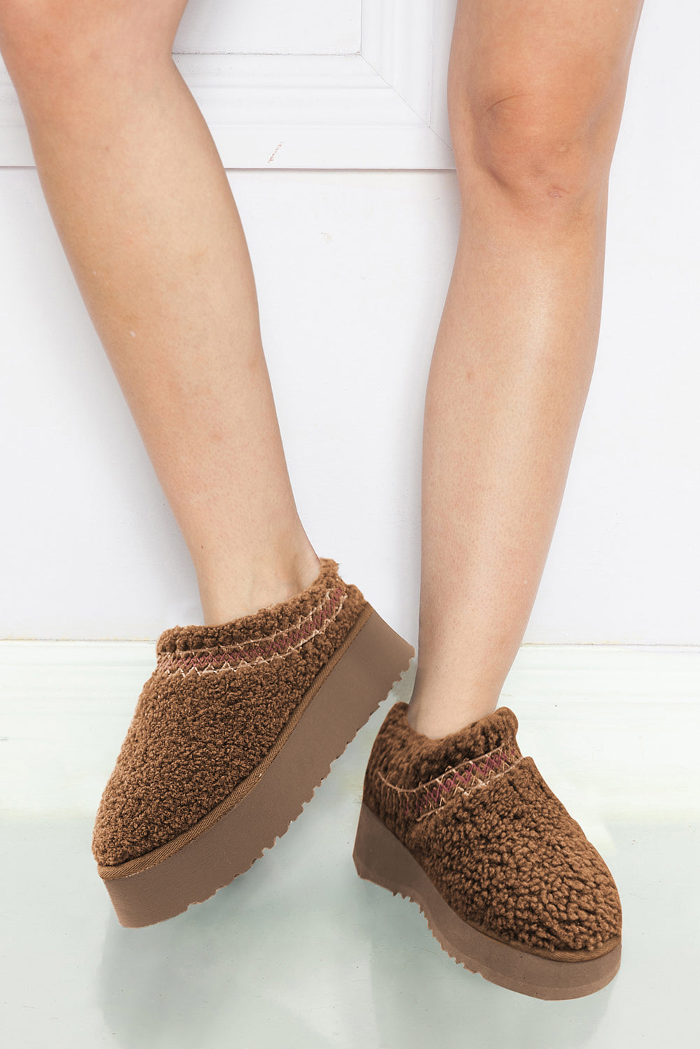 Chestnut Embroidered Sherpa Plush Thick Sole Slippers