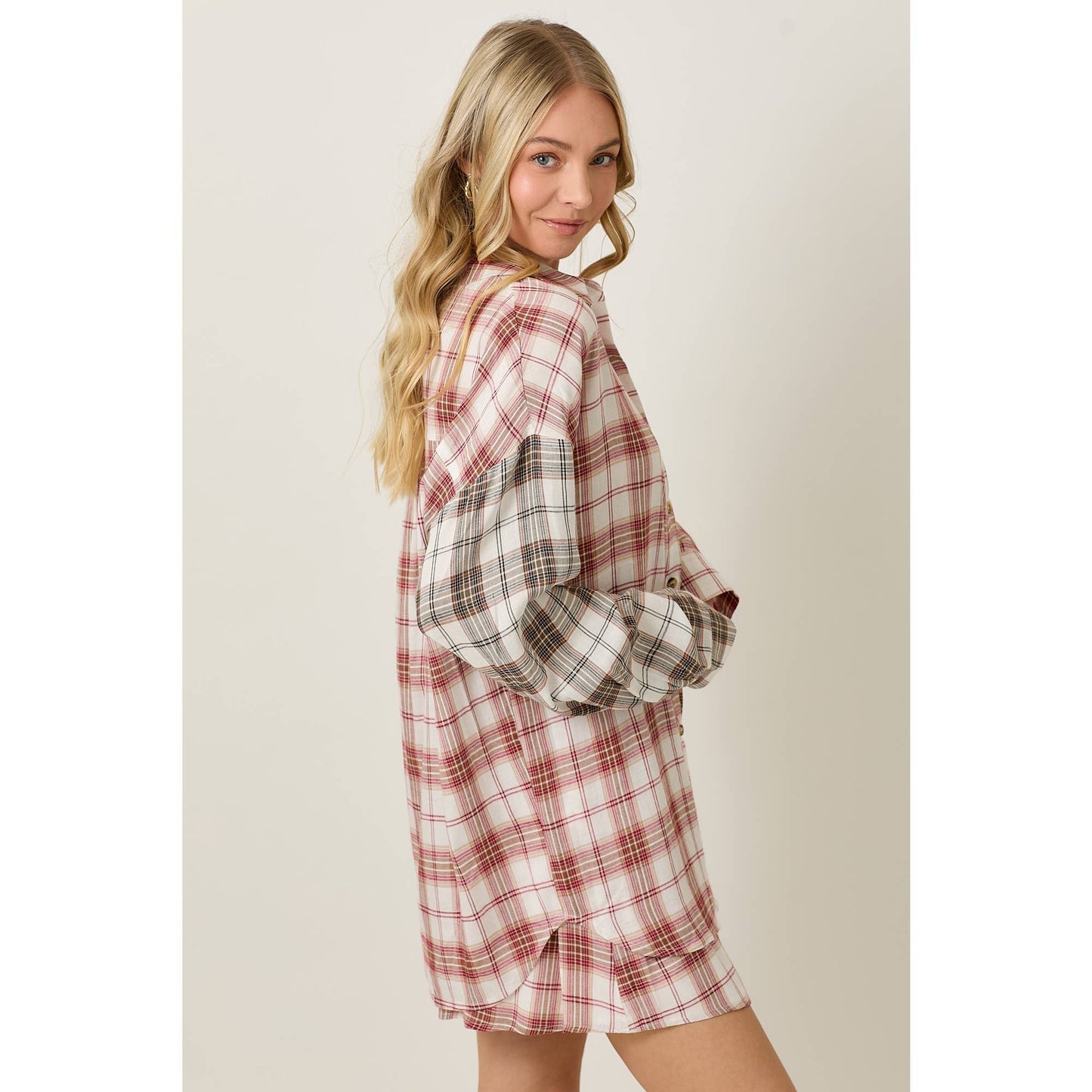 Rayon Plaid Long Sleeve Button Down And Shorts Set