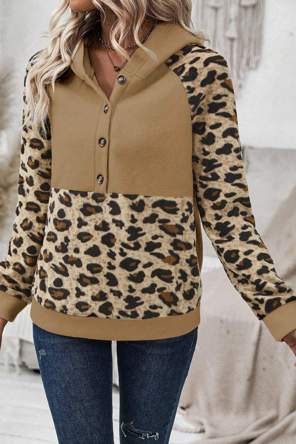 Light Beige Leopard Print Patchwork Half Button Hoodie