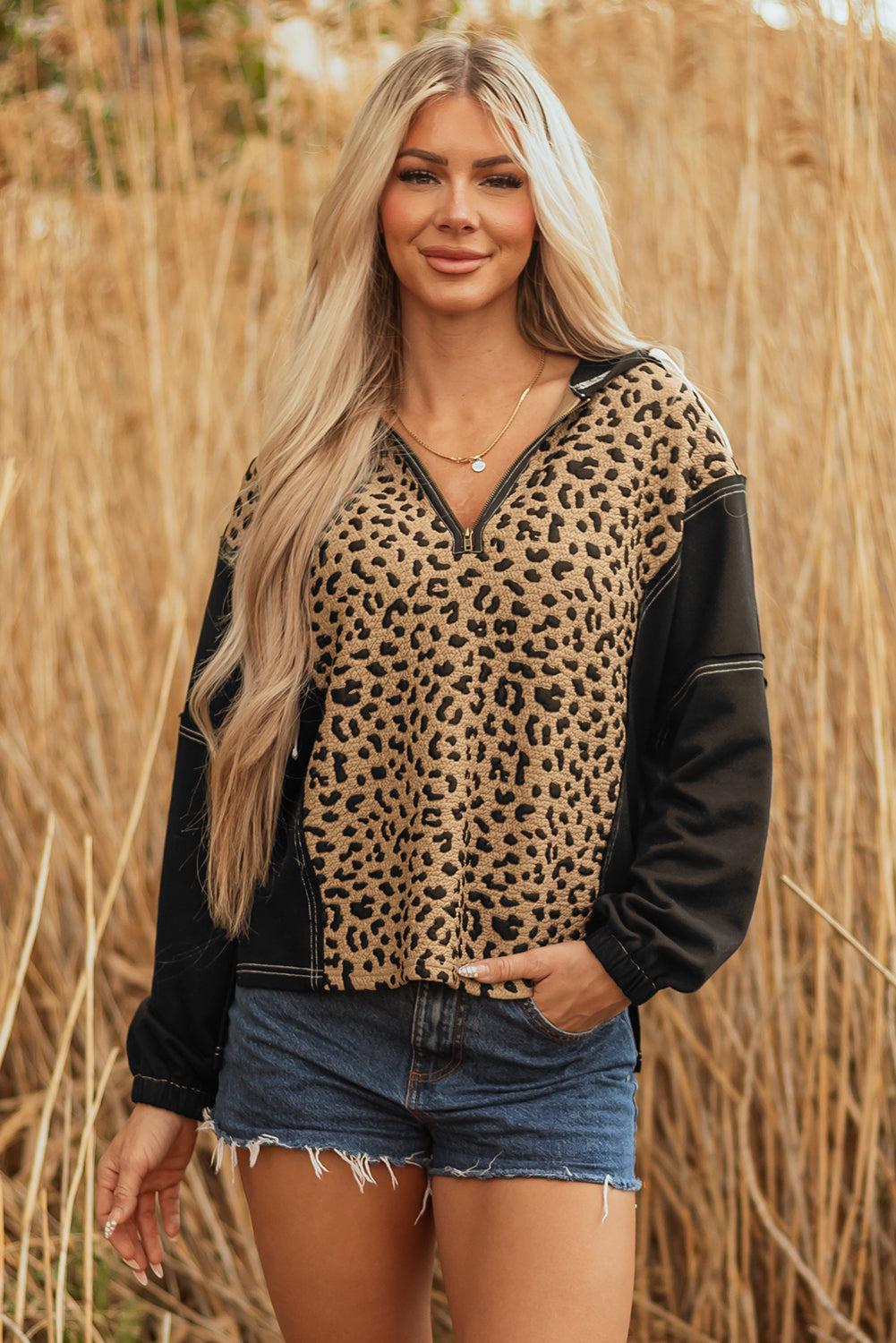 Brown Leopard Patchwork Knotted Cuff Zip Hoodie