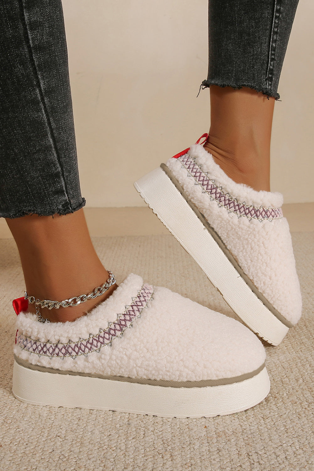 White Embroidered Sherpa Plush Thick Sole Slippers