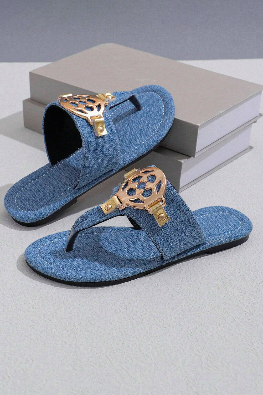 Dusk Blue Metal Decor Leather sandals