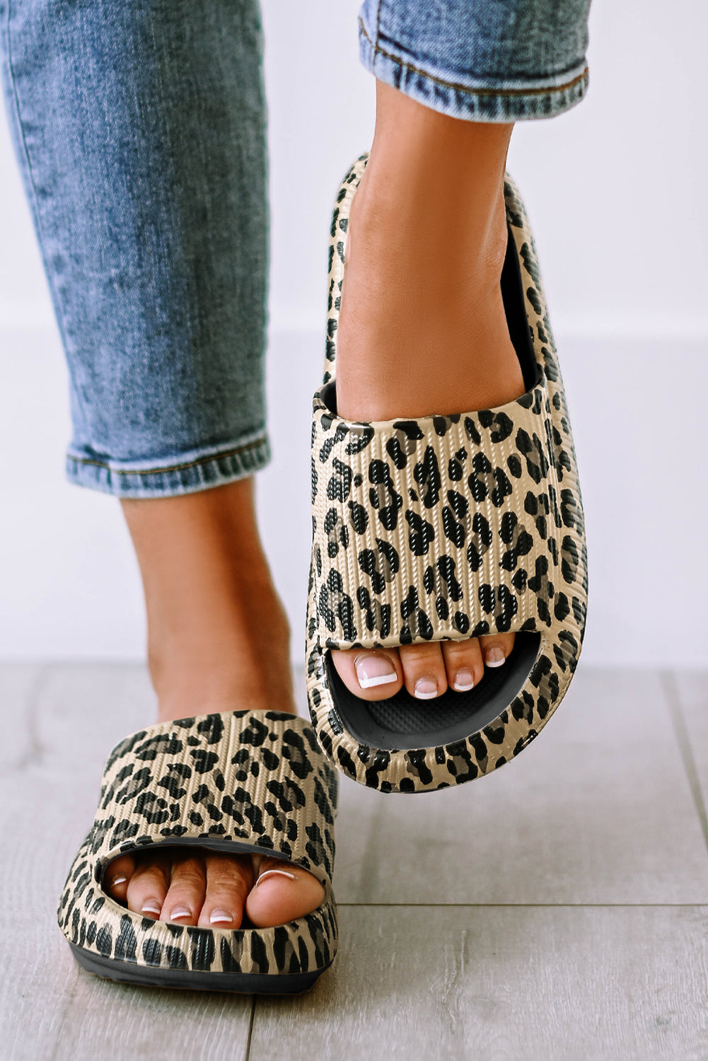 Black Print Thick Sole Slip On Sandals