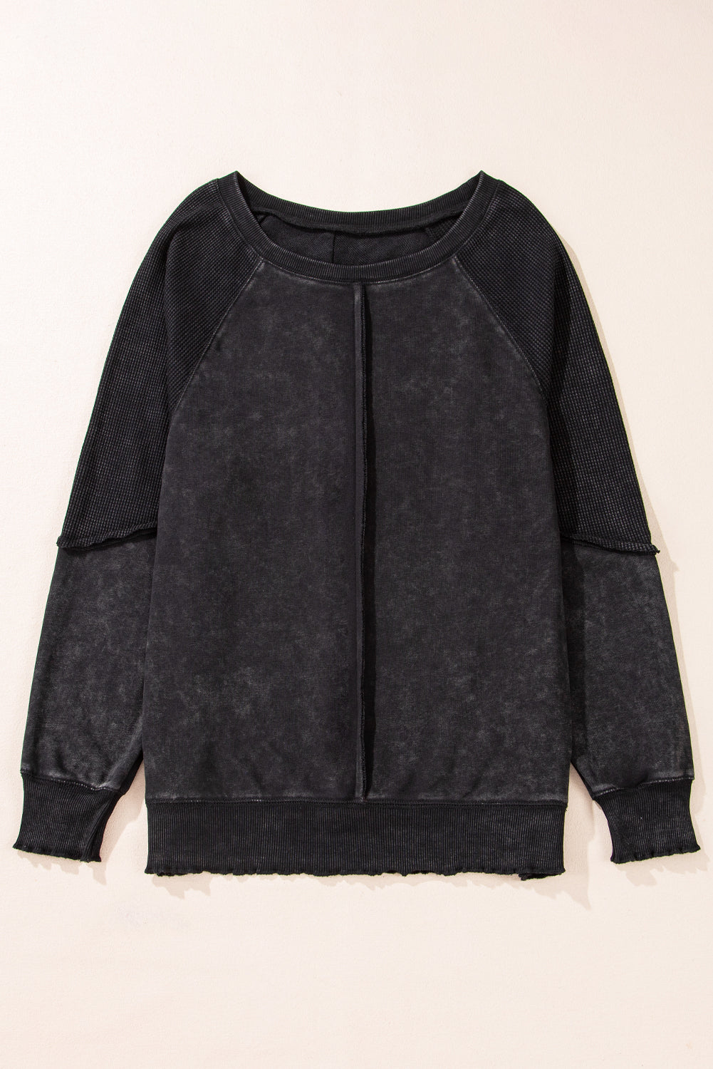 Black Solid Waffle Knit Patchwork Sweatshirt